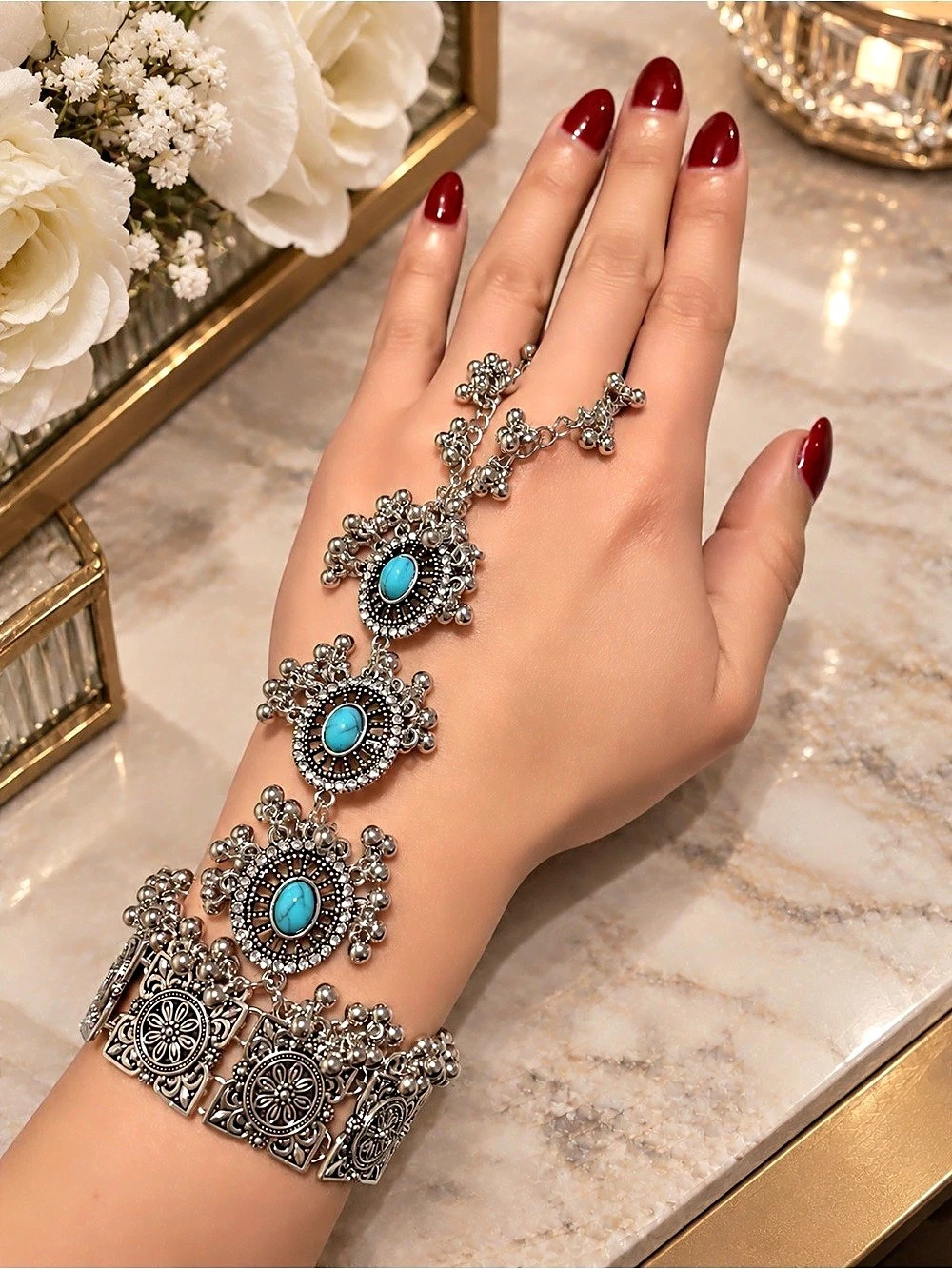 Turquoise Statement Hand Chain Bracelet